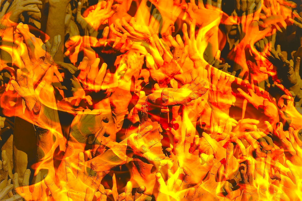 many hands reaching everywhere, fire orange and yellow everywhere