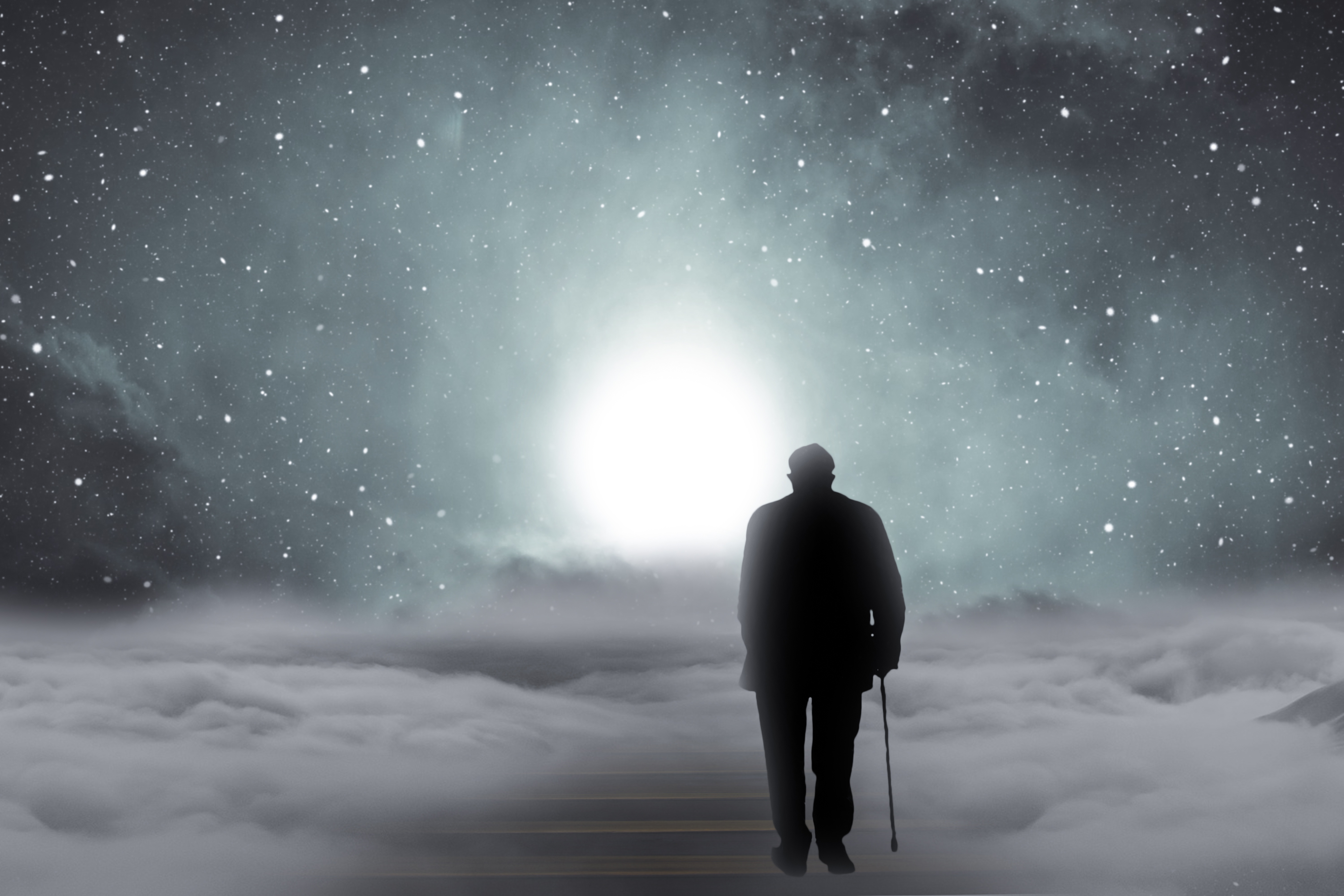 silhouette of back of old man with cane walking among the clouds starry night bright moon, hues blueish green gray