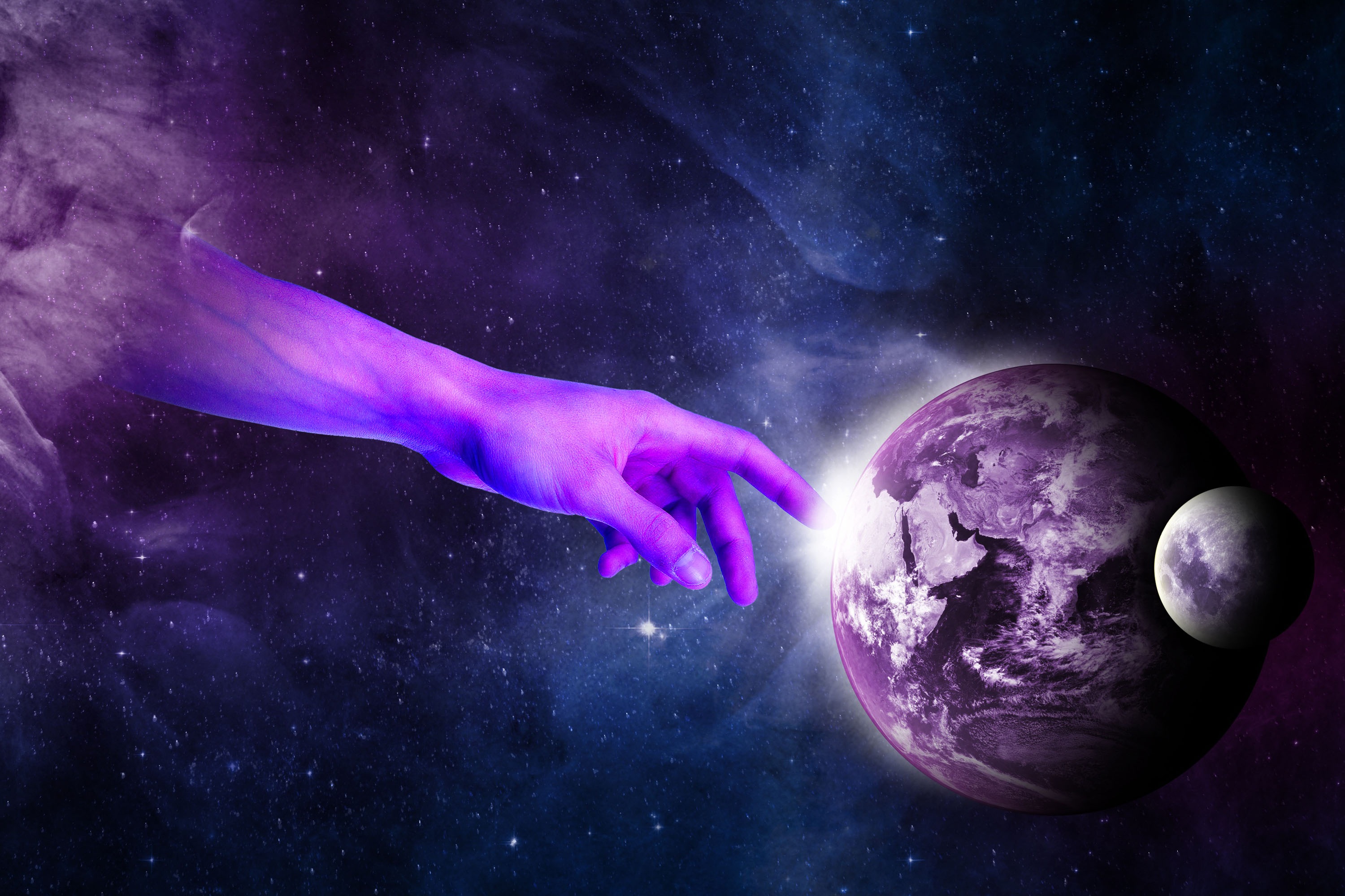 image God's finger touching the Earth white sparks also moon over some of the Earth, purple blue white and black