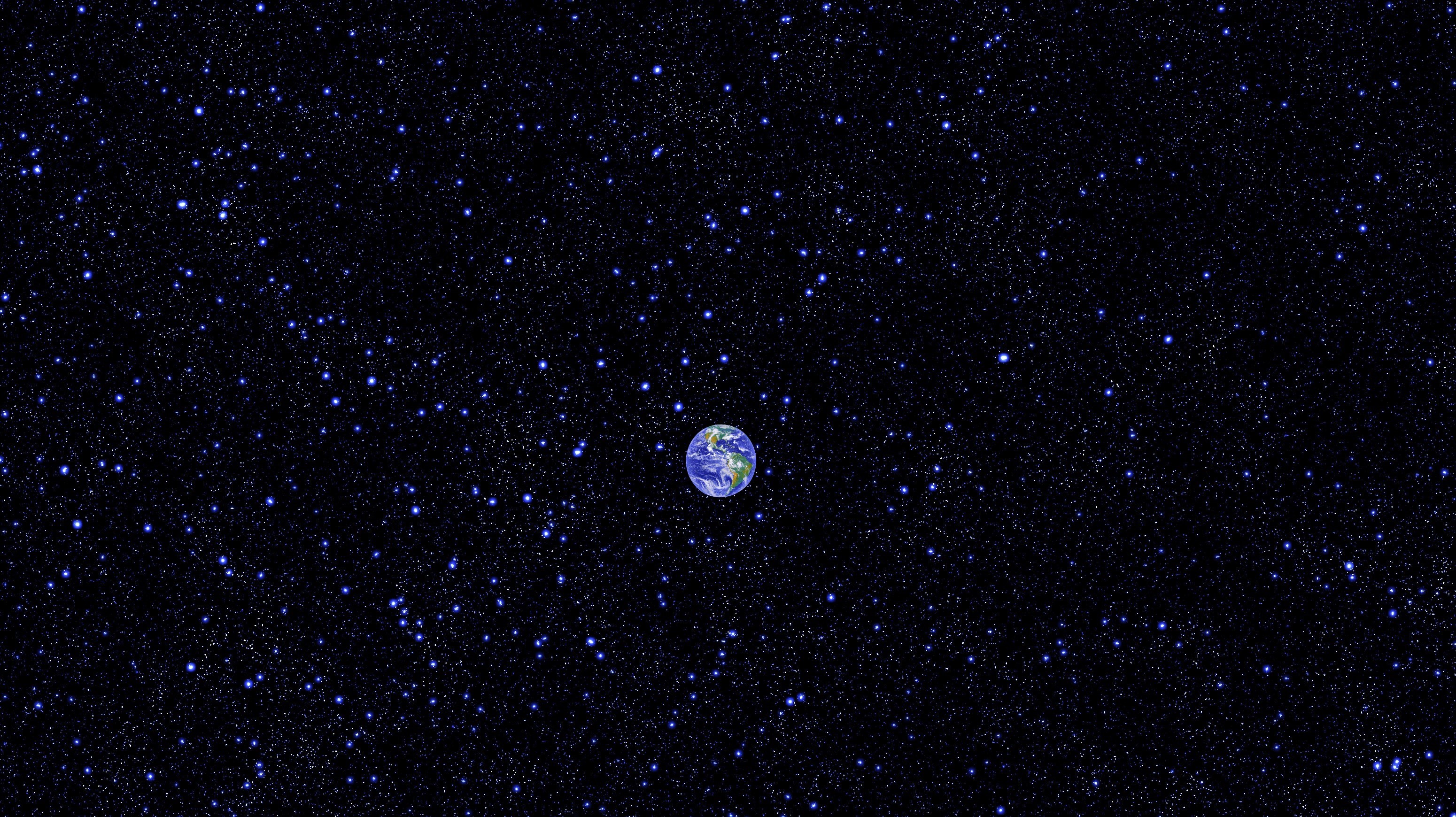 bright image of Earth in the center of a dark blue space dotted with many white and light blueish stars