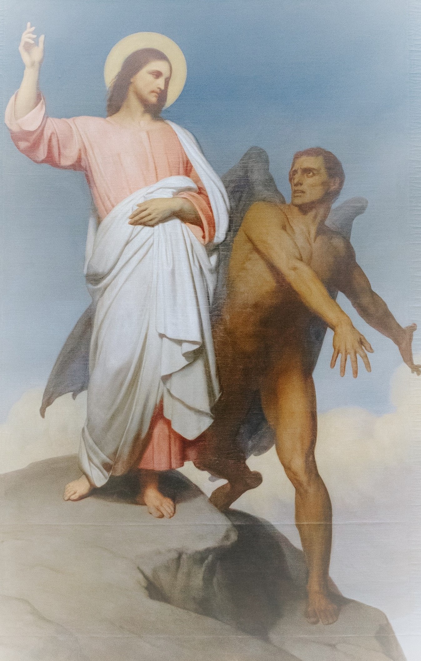 famous painting of Jesus' temptation in the desert by Ary Scheffer 1858.  Jesus and Satan on a rocky hill top.  Satan showing Jesus the Earth below and Jesus pointing to God in Heaven Jesus with halo and Satan with black wings